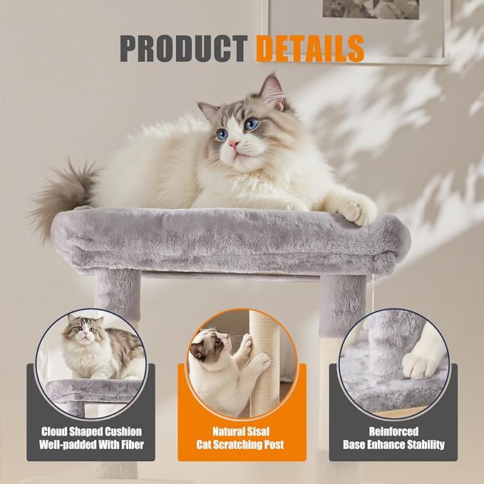 DUMOS Large 63in Cat Tree Tower, Multi Level Cat Climbing Tower with Condo, Natural Sisal Scratching Posts, Extended Platform, Hammock, Pet House for Indoor Cats and Kittens Play, Light Grey