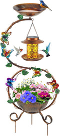 Metal Birdbath with Flower Planter Pedestal and Solar Bird Feeders Combo for Outdoor, Decorative Bird Bath with Butterfly for Garden Yard Outside
