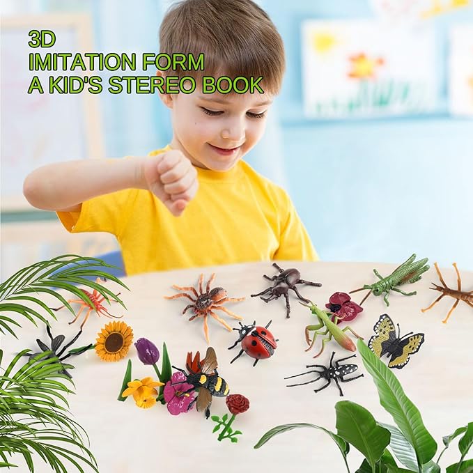 20Pcs Insect Toy Fake Plastic Bugs Figures for Kids - Flower Ladybug Bee Butterfly Ant Cricket Mantis Scorpion Spider School Project Birthday Cake Topper Party Favors April Fool's Day Prank Gifts