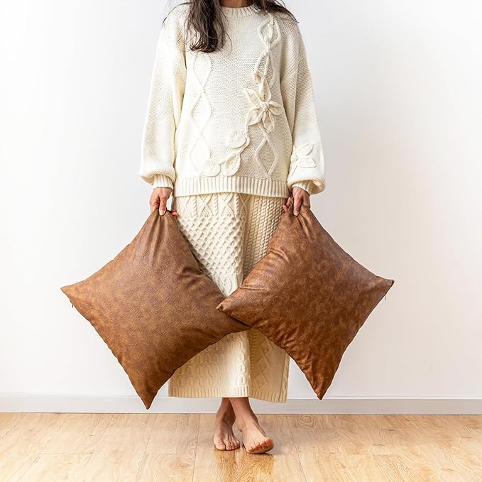 Oversized Vintage Decorative Pillow Covers 28x28, Pack of 2 Brown Thickened Abrasion Farmhouse Faux Leather Cushion Cover, for Home Decor Outdoor Pet Hair Resistant Throw Pillow Covers