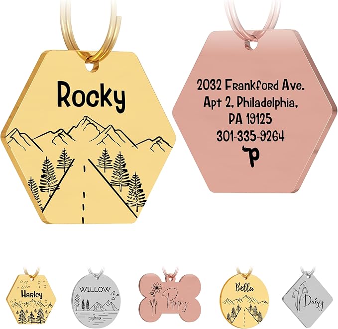 PawFurEver Custom Engraved Pet ID Tag – Personalized Dog Name Tag for Dogs and Cats, Stainless Steel Collar Accessory with Cute Designs for pet Name Tags (Hexagon, Gold)