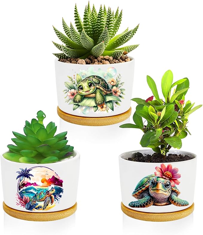 Turtle Succulent Pots 3 Pack, 3 Inch Succulent Planters with Drainage and Bamboo Tray, Turtle Gifts for Women, Ceramic Small Pots for Baby Plants, Cactus, Herbs- Plants Not Included