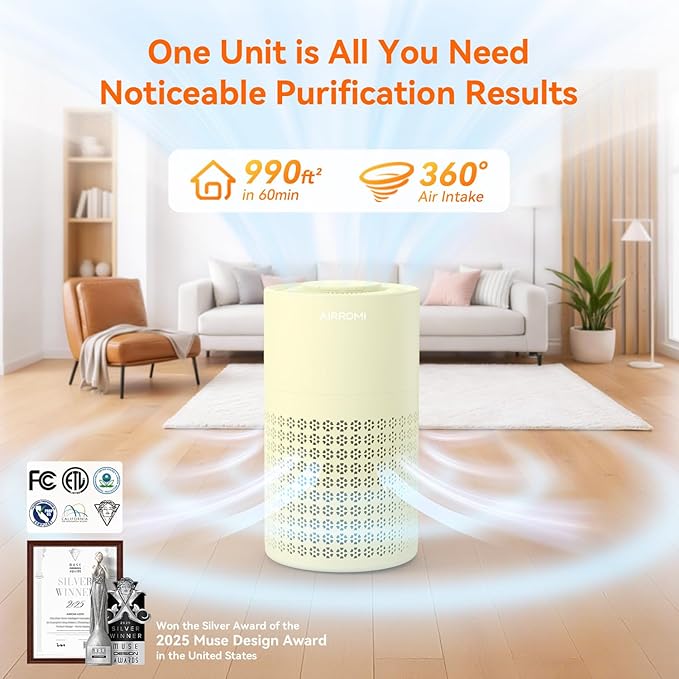 AIRROMI Air Purifier for Bedroom with HEPA Fet Filters, Pet Air Purifiers for Home Cat Pee Smell, Covers Up to 990Ft², Quiet 360° intake Air Cleaner for Allergies Dust Smoke Odor A2001 Yellow