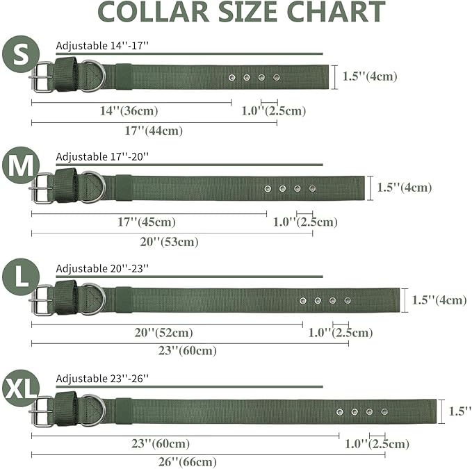 Heavy Duty Tactical Dog Collar - 1.5" Width Military Durable Thick Nylon with Adjustable Metal D Ring & Buckle Working Training K9 Collar for Medium Large Dogs (S(14"-17"), Army Green)