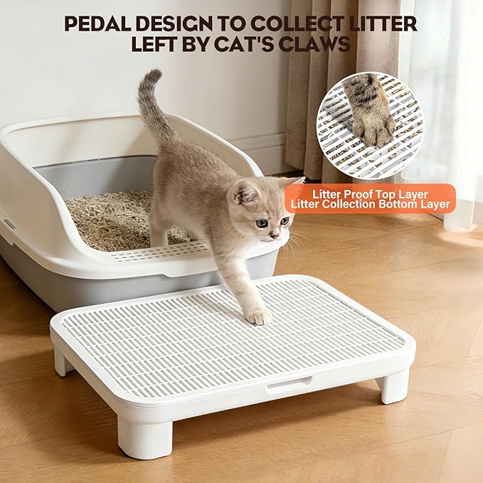 Adjustable Cat Step Ramp, Double Layer Litter Box Step with Filter Function, Replaceable Feet, Elevated Litter Box Ramp for Elderly Cats Easy Cleaning Cat Catcher for Floor Indoor (White)
