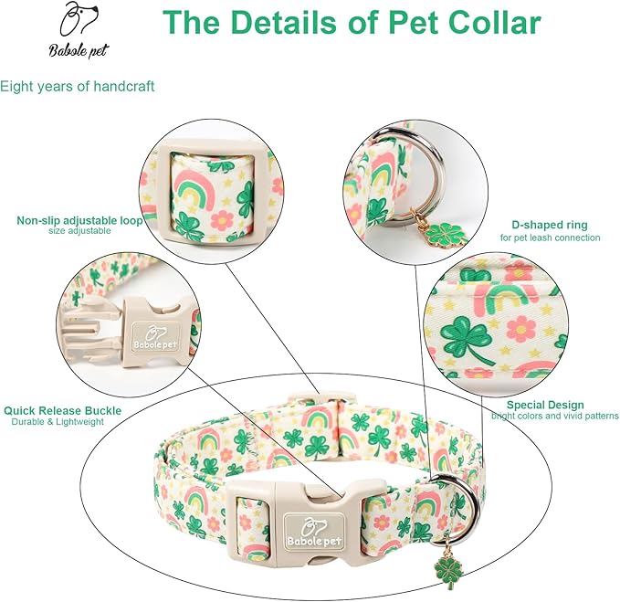 St. Patrick's Day Dog Collar for Large Dogs - Cute Shamrock & Rainbow Print Dog Collars, Irish Green Party Puppy Collar, Lightweight Adjustable St. Patricks Day Pet Collars L