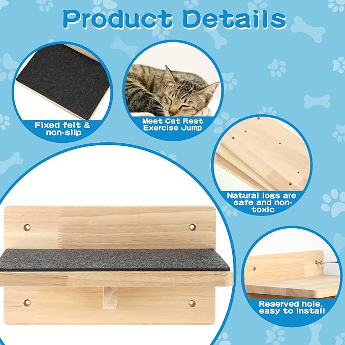 Lenwen Set of 6 Cat Wall Steps Shelf Shelves Wood Cat Climbing Shelves for Cat Mounted Furniture Cat Wall Bed Wood Cat Stairs with Non Slip Felt for Springboard Playing(Classic)