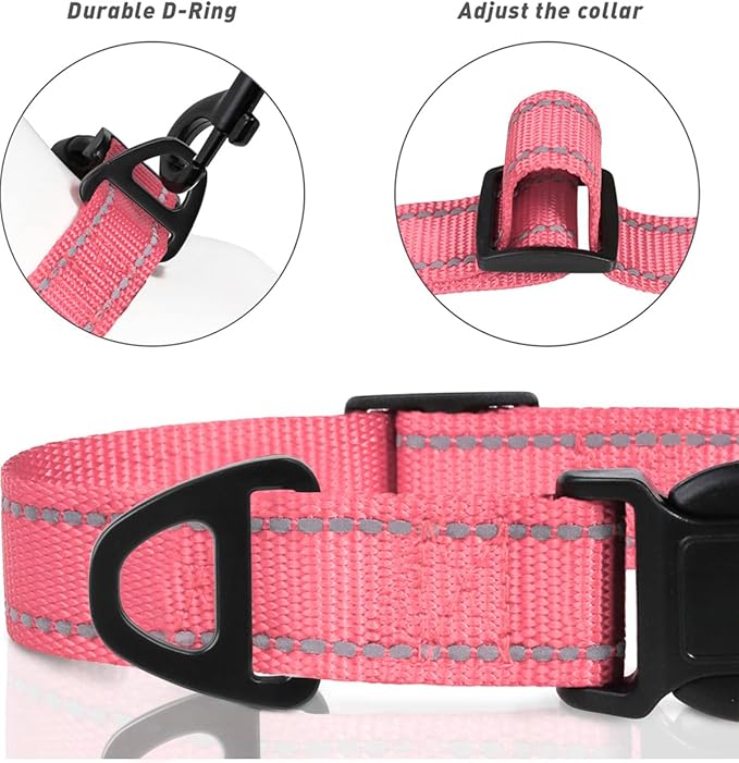 TagME Reflective Nylon Dog Collars, Adjustable Classic Pet Collar with Quick Release Buckle for Extra Small Dogs, Baby Pink,5/8" Width