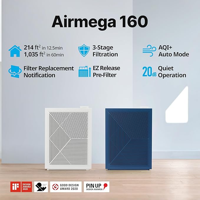 COWAY Air Purifiers for Home Bedroom up to 1,035ft² with Washable Filter, Ordor Filter, & HEPA Filter for Smoke, Pollen, Dander, with Air Quality Monitor, Auto Mode, 3yr Warranty, 160, White
