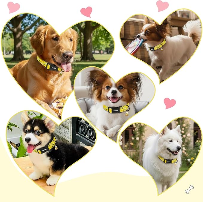 Yellow Dog Collar for Extra Small Dogs, Spring & Summer Theme Small Dog Collars Featuring Bee Pollinating White Flowers Pattern, Adjustable Cotton Collar for Girl Boy Dogs -XS