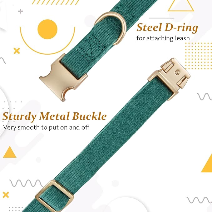 Soft Cotton Dog Collar with Metal Buckle Adjustable Heavy Duty Comfy Corduroy Collars for Small Medium Large Dogs,Dark Green,Large