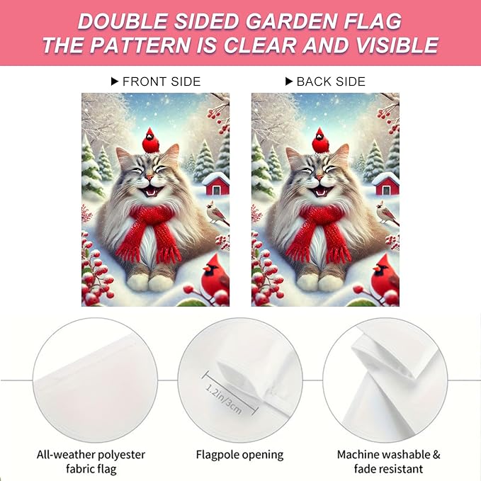 Christmas Garden Flag Cute Cat Red Cardinal Winter Snow Scene Outdoor Yard Flag 12x18 Inch Double Sided Banner For Front Yard Porch Lawn Patio Festive Holiday Seasonal Home Decor