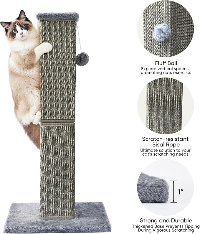 Cat Scratching Post 32 Inch for Indoor Large Cats and Kitten, Nature Sisal Tall Cat Scratch Post, Sisal Cat Scratcher Improve Cat's Scratching Habits and Protect Your Furniture, Dark Grey