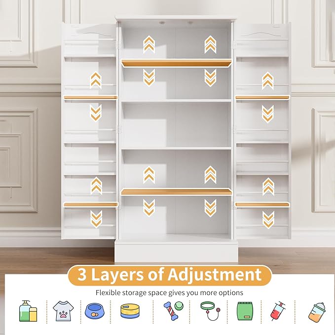 47" Dog Food Storage Cabinet with Doors and Adjustable Shelves, Freestanding Pet Storage Container Organizer for Living Room and Dinning Room, White