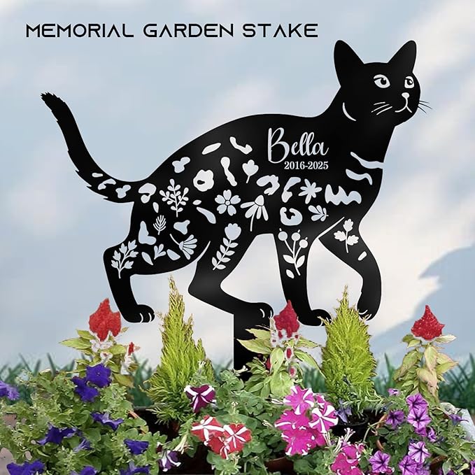 Custom Cat Grave Markers Outdoor - Personalized Cat Metal Memorial Plaque with Stake for Cemetery, Garden or Yard Decor - Waterproof Tombstone, Pet Loss Sympathy Gifts