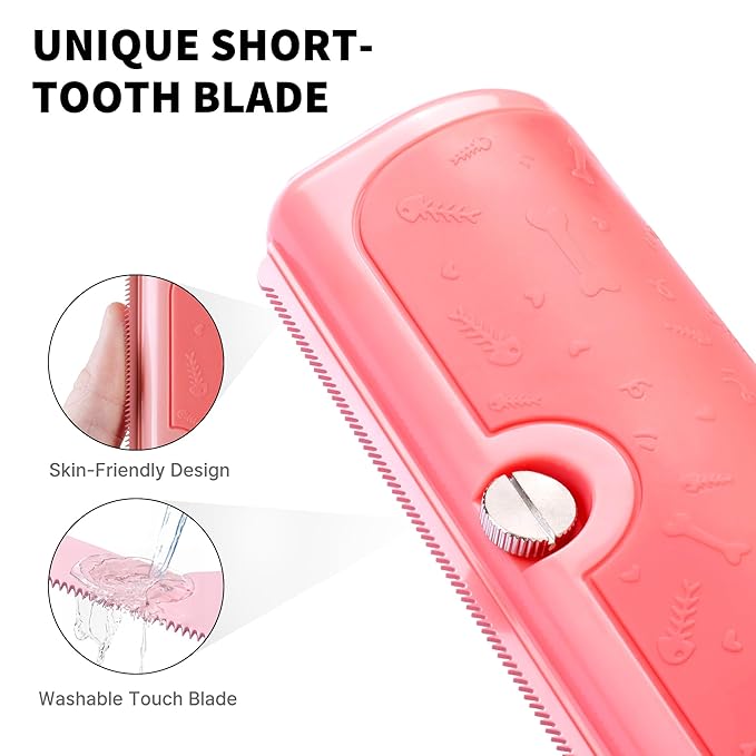 Cat & Small Pet Deshedding Brush & Shedding Blade, Gentle Undercoat Grooming Tool for Short & Medium Fur and Double Coats, Replaceable Metal Blade, Ergonomic Handle, Pink