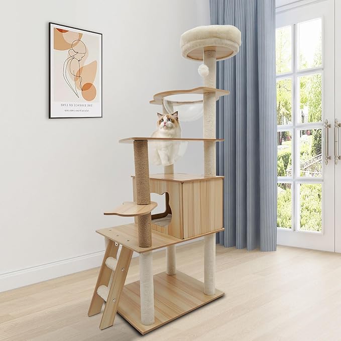 Wood Cat Tree, Modern 5-Tier Wooden Cat Tree, Wooden Tower with Acrylic Space Capsules & Sisal Scratching Post, 55.1in Multi-Level Activity Center for Indoor Cats (22lbs Capacity)