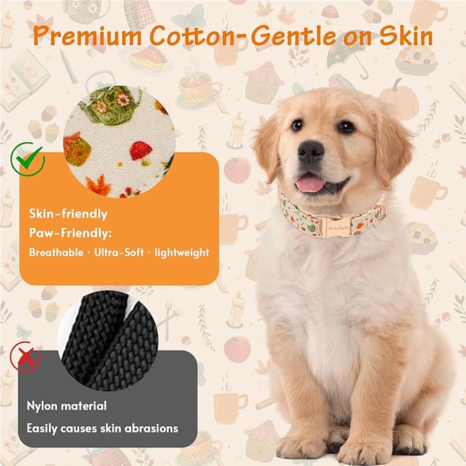 Autumn Dog Collar，Soft Cotton Handmade Pet Collar with Autumn Tea Party Design for Small Medium Large Dogs, Adjustable Collars for Fall Walks，Tea-Time Adventures & Fireside Snuggles -XS