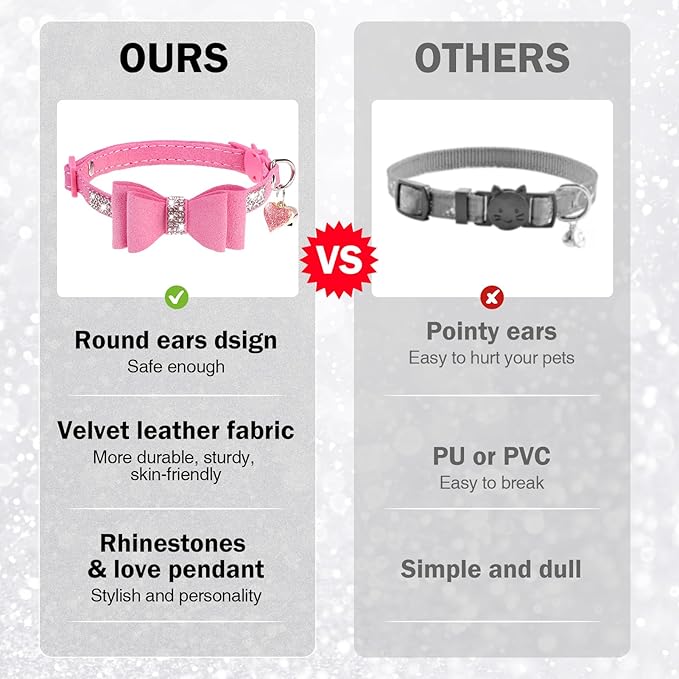 Rhinestone Cat Collar with Bow, Breakaway Elegant Female Diamond Cat Collars with Bell, Pink Leather Sparkly Bowtie Pet Collar for Girl Boy Small Kitten Puppy with Safety Buckle, 8-12"