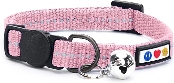 Pawtitas Recycled Pink Reflective Cat Collar – Eco-Friendly Breakaway Safety Buckle, Adjustable Kitten & Adult Collar with Removable Bell and High-Visibility Strap