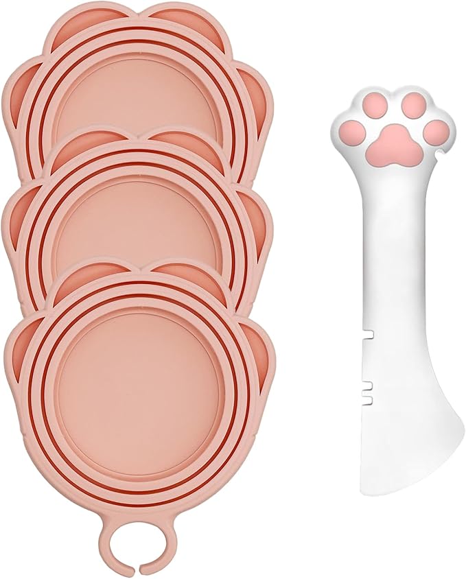 3 Pcs Cat Food Can Lids & One Opener | Cute Paw Shape Can Covers and Opener Spatula Cat Spoons for Wet Food | Universal BPA Free Silicone Spoon & Covers for Dog Cat Cans(Pink)