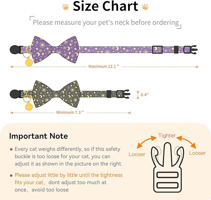 2 Pack Cotton Cat Collar with Bow Tie and Bell for Girl Boy Cats,Cute Pink Flamingo and Blue Whale Pattern Spring Summer Breakaway Cat Collar for Male Female Cats (Moon)