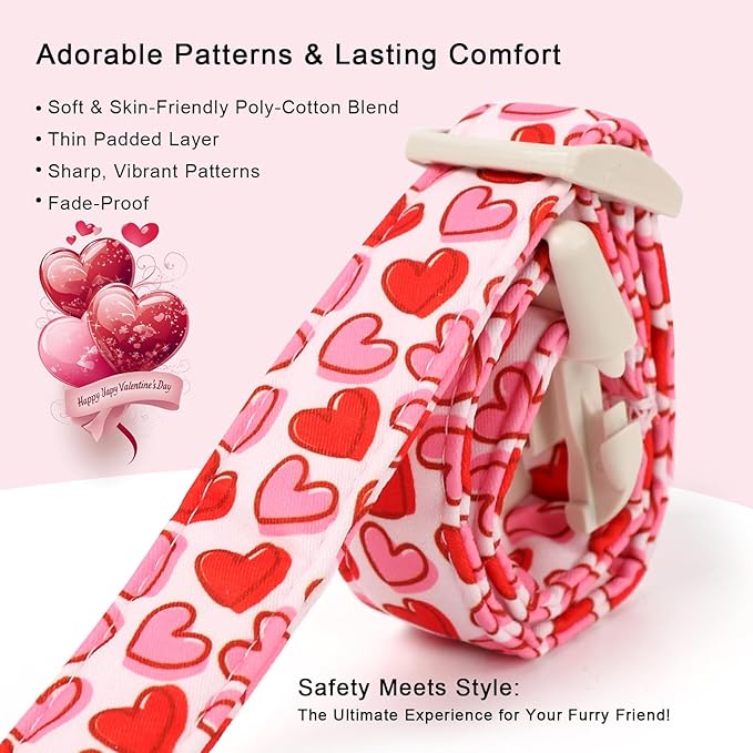 Valentines Dog Collar for Medium Dogs - Pink Valentine Hearts Dog Collars, Girly Love Female Dogs Collars, Lightweight Adjustable Cute Puppy Collar with Quick-Release Buckle M