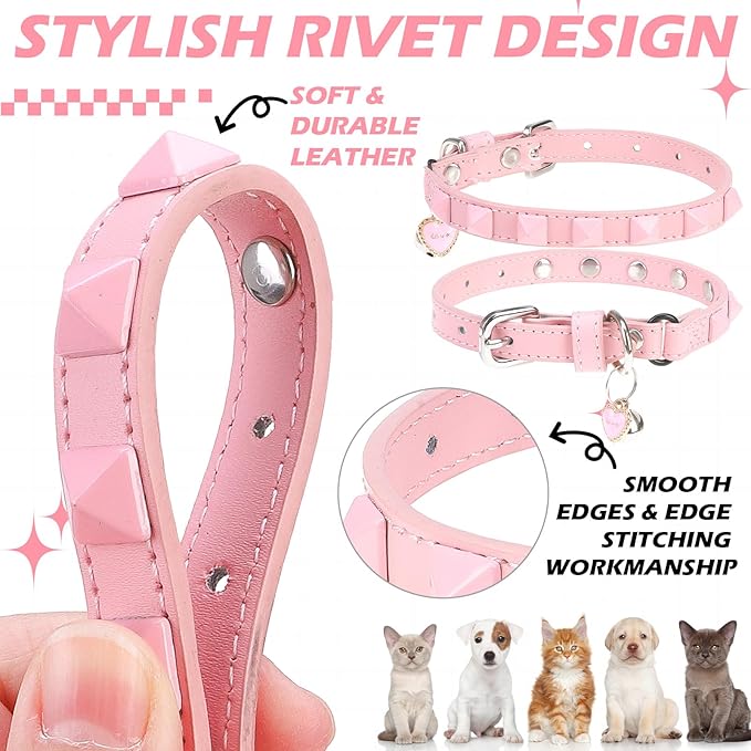 EXPAWLORER Halloween Leather Cat Collar - Adjustable Pet Collar with Rivet Spike for Girl Boy Cats, Punk Accessories with Bell & Durable D-Ring,Pink Square Nails