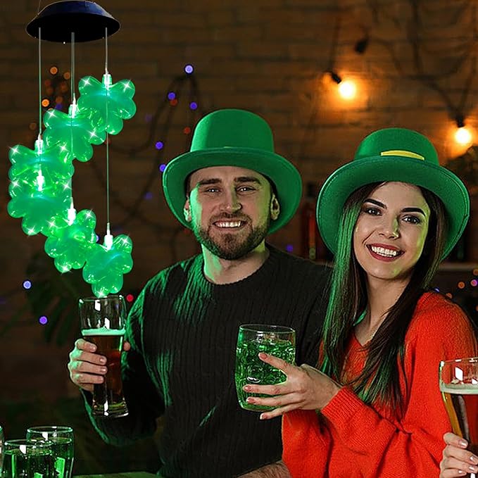St. Patrick's Day Solar Shamrock Wind Chimes, Green Shamrock Solar Lights Outdoor Mobile Wind Chime for Party Window Garden Yard Decorations, Birthday Irish Gifts for Mom Women Grandma