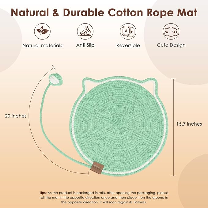 Natural Cotton Rope Cat Scratch Pad, 15.7'' Round Horizontal Floor Cat Scratching Pads, Cat Furniture Protector for Wall, Couch, Carpets, Sofas