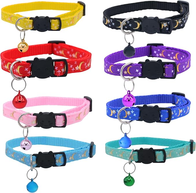Set of 2: KioKatt Celestial Nylon Cat Collars with Matching Bells – Adjustable Breakaway Safety Collars for Adult Cats, 7–11" (Purple + Pink)