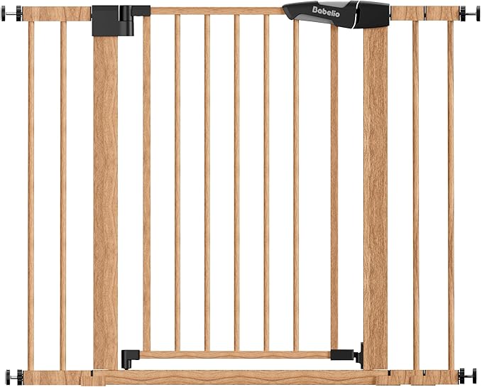 Mom's Choice Award Winner-BABELIO 26-40" Metal Baby Gate with Wood Pattern, PressGuard C5 Easy Install Pressure Mounted Dog Gate for Stairs and Doorways, with Wall Protectors and Extension Kits