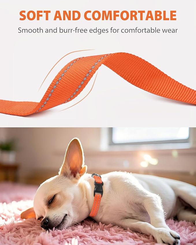 Joytale Small Dog Collar, Reflective and Adjustable Nylon Collar with Quick-Release Buckle, Lightweight No-Choke Design for Puppy and Extra Small Dogs, Orange, XS