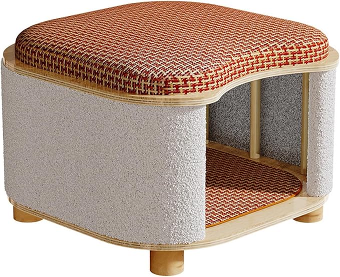 Cat Bed for Indoor Cats – Wooden Cat House with Scratching Pad, Multi-Functional Cat Furniture & Hideaway Stool, Durable Wooden Cat Cabinet Cottage for Kittens