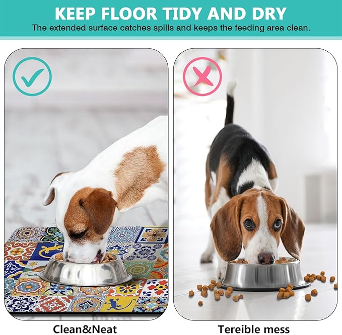Moroccan Trellis Dog Food & Water Mat, Mexican Talavera Boho Colorful Pet Feeding Mat for Floor Non-Slip Waterproof, Super Absorbent Cat Bowl Mat, Easy to Clean Durable Pet Placemat,17" × 30"