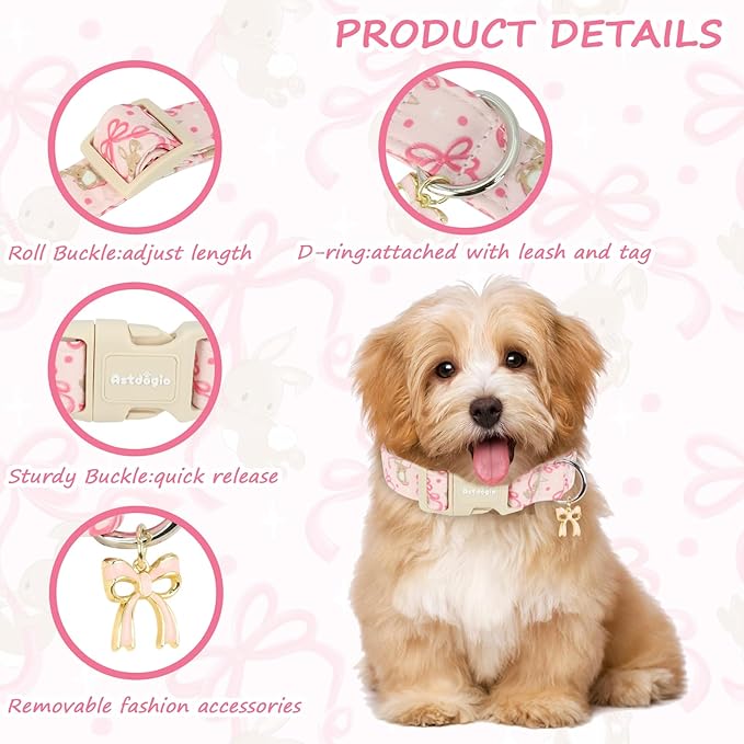 Easter Dog Collar, Spring Pink Dog Collar with Pink Bow & Rabbit, Adjustable Cotton Puppy Collars Girl Boy Collar for Small Medium Large Dogs -L