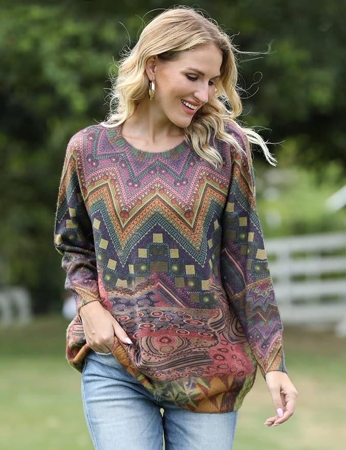 YESNO Women Christmas Sweater Graphic Printed Oversized Pullover Sweaters Casual Loose Knit Tops S01