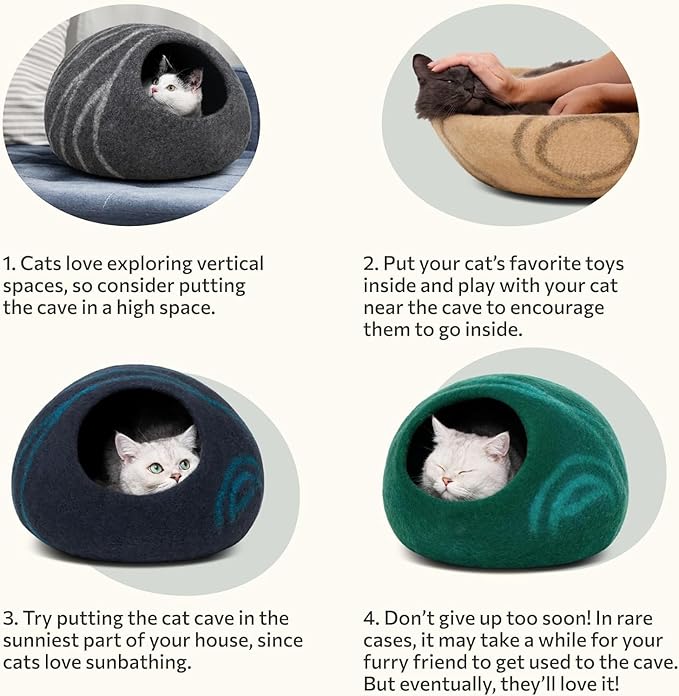 MEOWFIA Cat Cave – Premium Felt Cat Bed for Indoor Cats, Handmade Merino Wool (Gold Rose, Large)