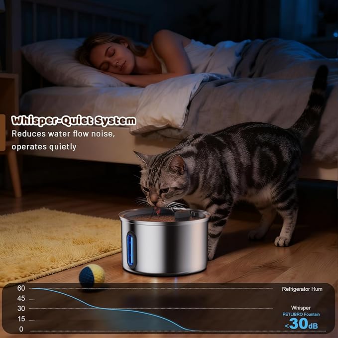 Cat Water Fountain Stainless Steel, 3.2L Cat Fountains for Drinking with Smart Quiet Pump and Water Level Window, Easy-to-Clean Automatic Pet Water Dispenser for Indoor Use, 2 Filters