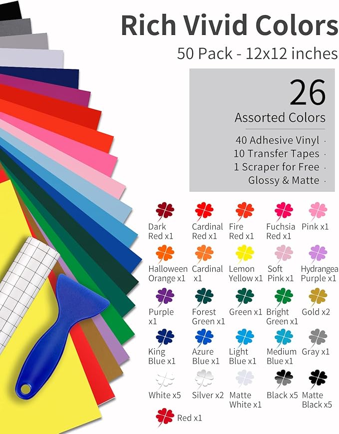 Permanent Vinyl (50Pack, 12"x12") - 40 Adhesive Vinyl (Matte & Glossy) + 10 Transfer Tapes 1 Scraper, Waterproof Outdoor for All Cutting Machine, Perfect for Home Party Decor