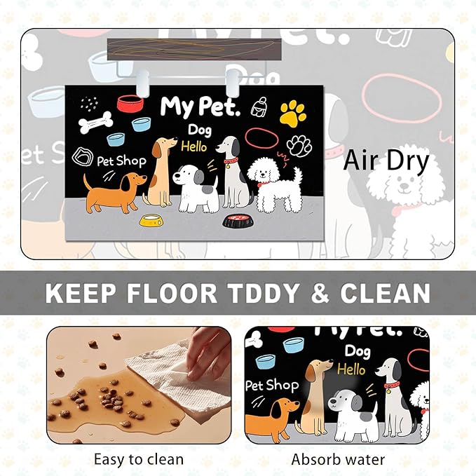 Funning My Pet Dog Pattern Dog Feeding Mat Pet Food Mat for Dogs and Cats Cute Puppy Design Pet Bowl Mat with Bone Paw and Non Slip Cat Feeding Mats for Home Kitchen Floor 20" x 12"