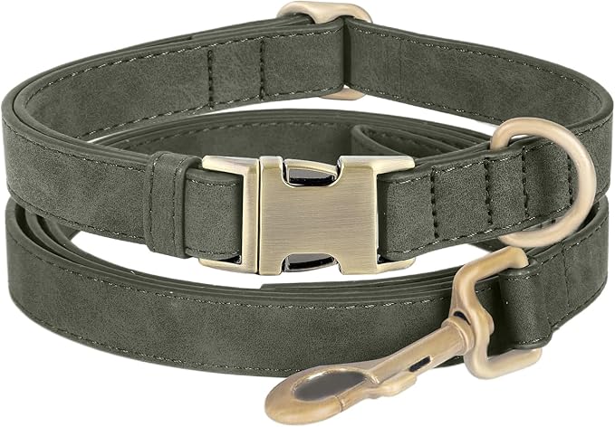 Genuine Leather Dog Collar - Adjustable Pet Collar with Quick Release Metal Buckle, Soft Skin Friendly Real Leather Collar for Small, Medium, Large Dogs (Dark Green Collar + Rope, M：Fit 12-20" Neck)