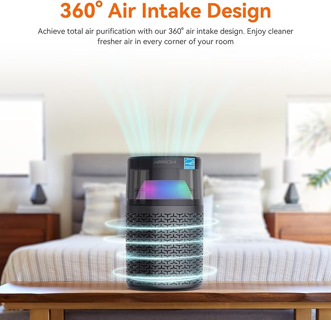 AIRROMI Pet Air Purifier for Home & Bedroom, HEPA Activated Carbon Filter, Removes Pet Dander & Odor, Allergies, Smoke, Hair, Night Light, Fragrance Sponge, Up to 658 ft², A2002 Grey