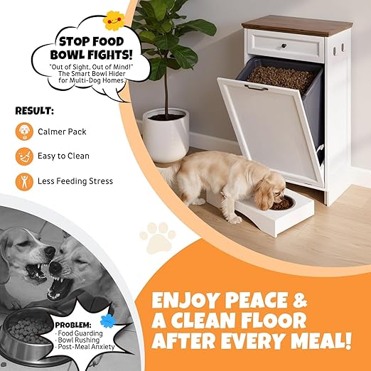 Tilt Out Trash Can Cabinet with Dog Bowl, 13 Gallons Dog Food Storage Cabinet, Hidden Trash Can Cabinet with Hideaway Drawer for Kitchen, Living Room (White, Single Door)