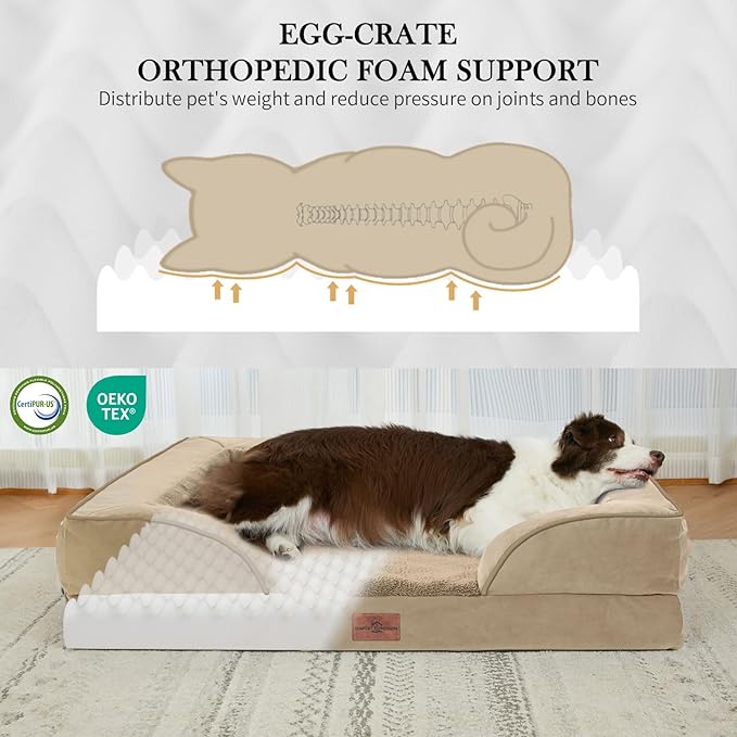 Comfort Expression Orthopedic Dog Bed for Large Dogs 35x22 Inch, Waterproof Supportive Egg Crate Foam Large Pet Bed with Removable Bolster, Dog Couch with Washable Cover & Non-Slip Bottom, Light Brown