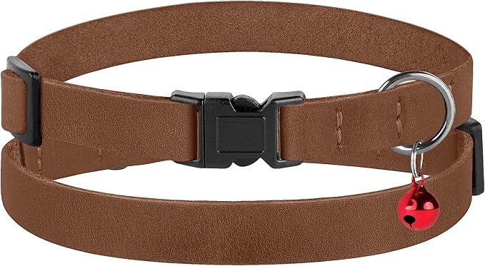 Muromto Breakaway Cat Collar Leather Soft Adjustable Pet Kitten Collars with Bell Pink Brown Blue Green Red (Cognac)