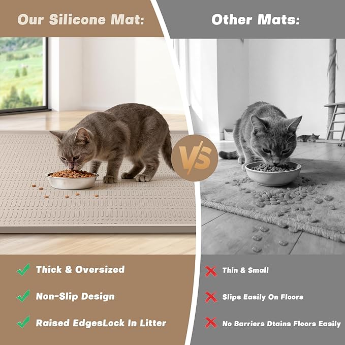 47" x 35" Silicone Cat Food Mat, Waterproof Pet Feeding Mat with Raised Edge, Extra Large Cat Bowl Mat Water Bowl Placemats for Cats, Non-Slip, Protects Floors, Easy to Clean (Beige