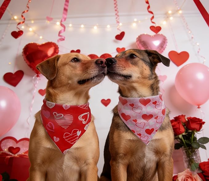 Valentine's Day Dog Bandanas Set 2PCS-Large,Heart Bandanas for Weddings and Holiday Party Costumes,Pet Scarves for Boys and Girls,Dog Outfit Gifts for Medium to Large Dogs(Pink&Red)