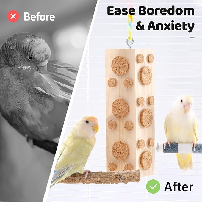 2 Pcs Wooden Bird Chew Toys - 7.9 Inch Hanging Parrot Toys, with 92 Detachable Corks, Relieve Boredom & Anxiety, Foraging Toys, for Parakeet, Cockatiel, Conure, Budgie, Lovebird
