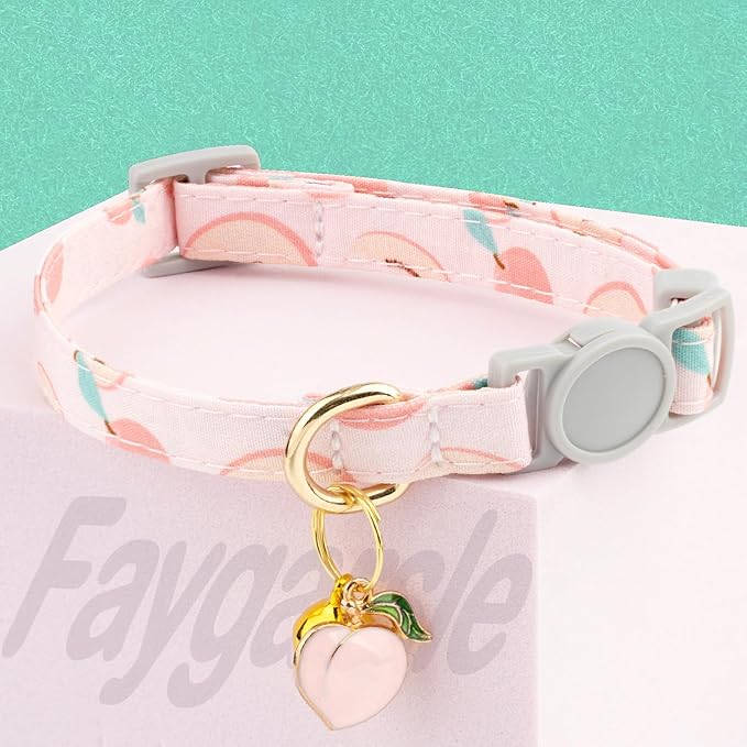 Faygarsle 2 Pack Breakaway Cat Collar with Bells for Female Girl Cats Cute Pink Collar with Peach Strawberry Charm Summer for Cats